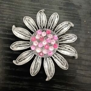 Silver Floral Brooch with Pink Crystal Cluster